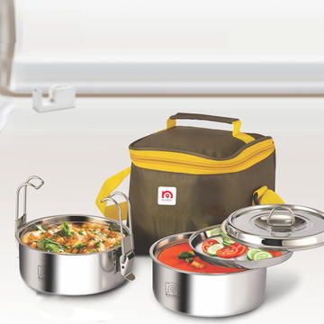 NanoNine Clip-On 350 ml X 2 Double Wall Insulated Stainless Steel Lunch Box with Bag.